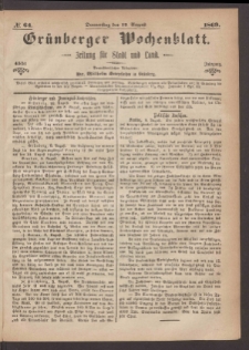 Gr&uuml;nberger Wochenblatt: Zeitung f&uuml;r Stadt und Land, No. 64. (12. August 1869)