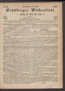 Grünberger Wochenblatt: Zeitung für Stadt und Land, No. 64. (12. August 1869)