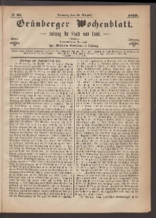 Gr&uuml;nberger Wochenblatt: Zeitung f&uuml;r Stadt und Land, No. 65. (15. August 1869)