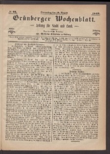 Gr&uuml;nberger Wochenblatt: Zeitung f&uuml;r Stadt und Land, No. 66. (19. August 1869)