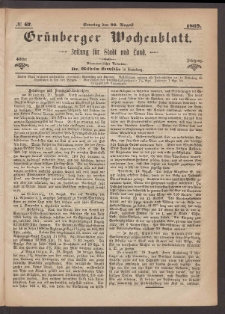 Gr&uuml;nberger Wochenblatt: Zeitung f&uuml;r Stadt und Land, No. 67. (22. August 1869)