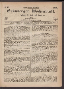 Gr&uuml;nberger Wochenblatt: Zeitung f&uuml;r Stadt und Land, No. 68. (26. August 1869)