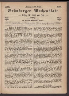 Gr&uuml;nberger Wochenblatt: Zeitung f&uuml;r Stadt und Land, No. 69. (29. August 1869)
