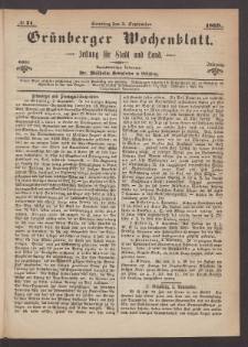 Gr&uuml;nberger Wochenblatt: Zeitung f&uuml;r Stadt und Land, No. 71. (5. September 1869)