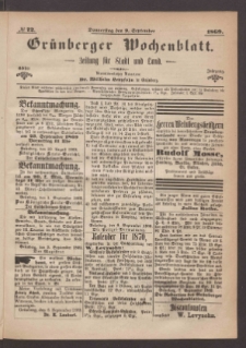 Gr&uuml;nberger Wochenblatt: Zeitung f&uuml;r Stadt und Land, No. 72. (9. September 1869)
