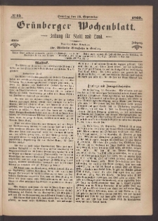 Gr&uuml;nberger Wochenblatt: Zeitung f&uuml;r Stadt und Land, No. 73. (12. September 1869)