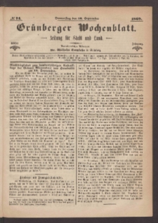 Gr&uuml;nberger Wochenblatt: Zeitung f&uuml;r Stadt und Land, No. 74. (16. September 1869)