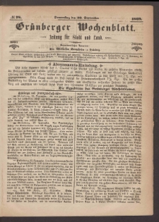 Gr&uuml;nberger Wochenblatt: Zeitung f&uuml;r Stadt und Land, No. 78. (30. September 1869)