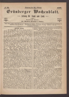 Gr&uuml;nberger Wochenblatt: Zeitung f&uuml;r Stadt und Land, No. 85. (24. Oktober 1869)
