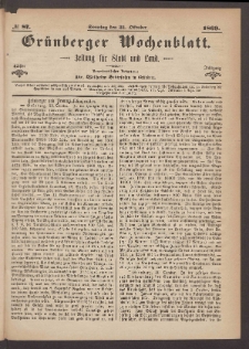 Gr&uuml;nberger Wochenblatt: Zeitung f&uuml;r Stadt und Land, No. 87. (31. Oktober 1869)