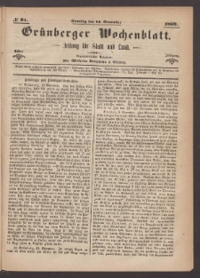 Gr&uuml;nberger Wochenblatt: Zeitung f&uuml;r Stadt und Land, No. 91. (14. November 1869)