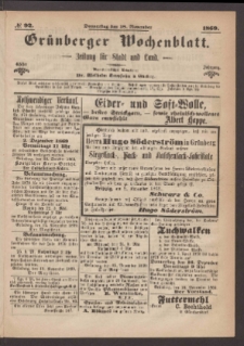 Gr&uuml;nberger Wochenblatt: Zeitung f&uuml;r Stadt und Land, No. 92. (18. November 1869)