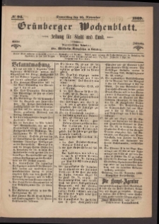 Gr&uuml;nberger Wochenblatt: Zeitung f&uuml;r Stadt und Land, No. 94. (25. November 1869)