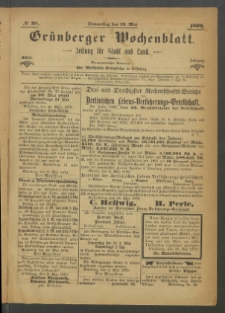Gr&uuml;nberger Wochenblatt: Zeitung f&uuml;r Stadt und Land, No. 38. (12. Mai 1870)