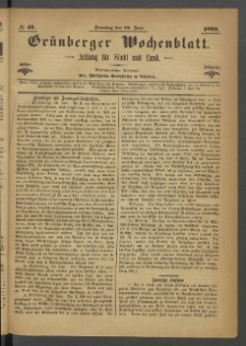 Gr&uuml;nberger Wochenblatt: Zeitung f&uuml;r Stadt und Land, No. 47. (12. Juni 1870)