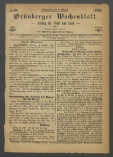 Gr&uuml;nberger Wochenblatt: Zeitung f&uuml;r Stadt und Land, No. 62. (4. August 1870)