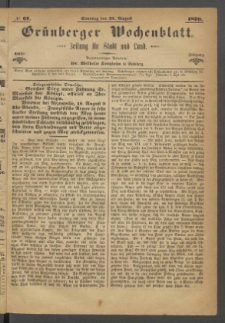Grünberger Wochenblatt: Zeitung für Stadt und Land, No. 67. (21. August 1870)