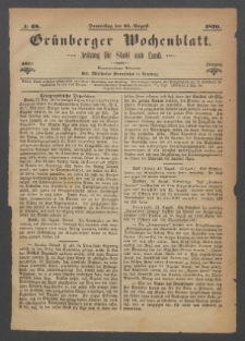 Grünberger Wochenblatt: Zeitung für Stadt und Land, No. 68. (25. August 1870)