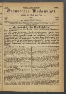 Gr&uuml;nberger Wochenblatt: Zeitung f&uuml;r Stadt und Land, No. 77. (25. September 1870)