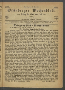 Gr&uuml;nberger Wochenblatt: Zeitung f&uuml;r Stadt und Land, No. 97. (4. December 1870)