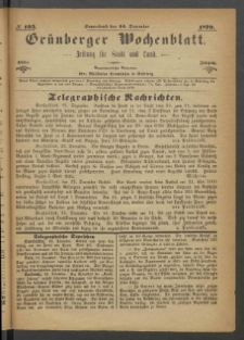 Gr&uuml;nberger Wochenblatt: Zeitung f&uuml;r Stadt und Land, No. 103. (24. December 1870)