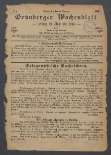 Gr&uuml;nberger Wochenblatt: Zeitung f&uuml;r Stadt und Land, No. 1. (5. Januar 1871)
