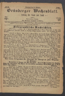Gr&uuml;nberger Wochenblatt: Zeitung f&uuml;r Stadt und Land, No. 2. (8. Januar 1871)