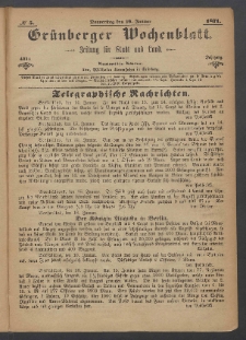 Gr&uuml;nberger Wochenblatt: Zeitung f&uuml;r Stadt und Land, No. 5. (19. Januar 1871)