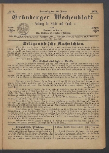 Gr&uuml;nberger Wochenblatt: Zeitung f&uuml;r Stadt und Land, No. 7. (26. Januar 1871)