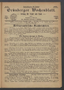 Grünberger Wochenblatt: Zeitung für Stadt und Land, No. 7. (26. Januar 1871)