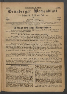 Gr&uuml;nberger Wochenblatt: Zeitung f&uuml;r Stadt und Land, No. 9. (2. Februar 1871)