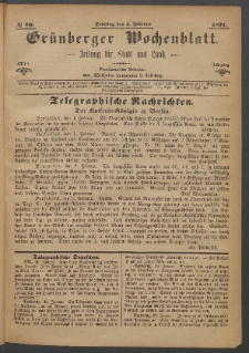 Gr&uuml;nberger Wochenblatt: Zeitung f&uuml;r Stadt und Land, No. 10. (5. Februar 1871)
