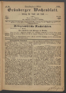 Gr&uuml;nberger Wochenblatt: Zeitung f&uuml;r Stadt und Land, No. 11. (9. Februar 1871)