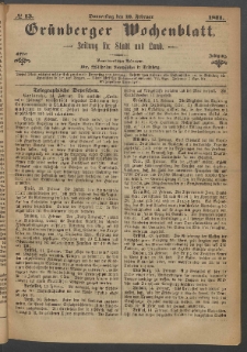 Gr&uuml;nberger Wochenblatt: Zeitung f&uuml;r Stadt und Land, No. 13. (16. Februar 1871)