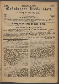 Gr&uuml;nberger Wochenblatt: Zeitung f&uuml;r Stadt und Land, No. 14. (19. Februar 1871)