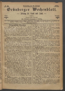 Gr&uuml;nberger Wochenblatt: Zeitung f&uuml;r Stadt und Land, No. 15. (23. Februar 1871)