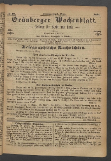 Gr&uuml;nberger Wochenblatt: Zeitung f&uuml;r Stadt und Land, No. 18. (5. M&auml;rz 1871)