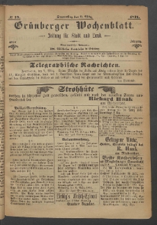 Gr&uuml;nberger Wochenblatt: Zeitung f&uuml;r Stadt und Land, No. 19. (9. M&auml;rz 1871)