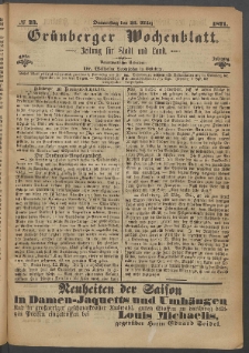 Gr&uuml;nberger Wochenblatt: Zeitung f&uuml;r Stadt und Land, No. 23. (23. M&auml;rz 1871)