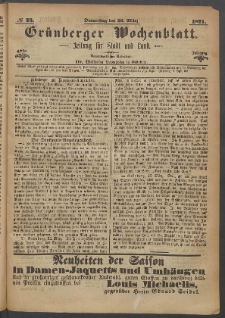 Grünberger Wochenblatt: Zeitung für Stadt und Land, No. 23. (23. März 1871)