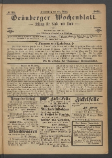 Gr&uuml;nberger Wochenblatt: Zeitung f&uuml;r Stadt und Land, No. 25. (30. M&auml;rz 1871)