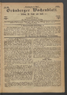 Gr&uuml;nberger Wochenblatt: Zeitung f&uuml;r Stadt und Land, No. 26. (2. April 1871)
