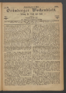 Gr&uuml;nberger Wochenblatt: Zeitung f&uuml;r Stadt und Land, No. 27. (6. April 1871)