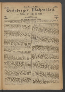 Grünberger Wochenblatt: Zeitung für Stadt und Land, No. 27. (6. April 1871)
