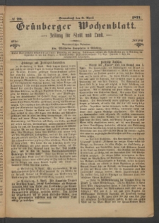Gr&uuml;nberger Wochenblatt: Zeitung f&uuml;r Stadt und Land, No. 28. (8. April 1871)