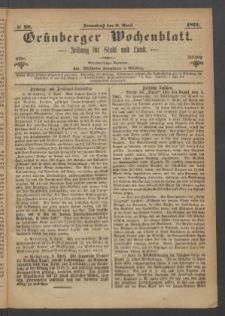 Grünberger Wochenblatt: Zeitung für Stadt und Land, No. 28. (8. April 1871)