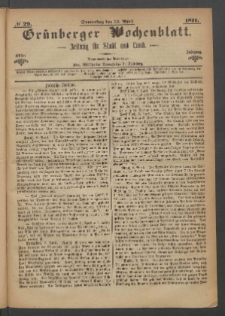 Gr&uuml;nberger Wochenblatt: Zeitung f&uuml;r Stadt und Land, No. 29. (13. April 1871)