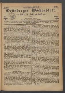 Grünberger Wochenblatt: Zeitung für Stadt und Land, No. 33. (27. April 1871)