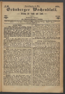 Grünberger Wochenblatt: Zeitung für Stadt und Land, No. 37. (11. Mai 1871)