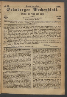 Grünberger Wochenblatt: Zeitung für Stadt und Land, No. 44. (4. Juni 1871)